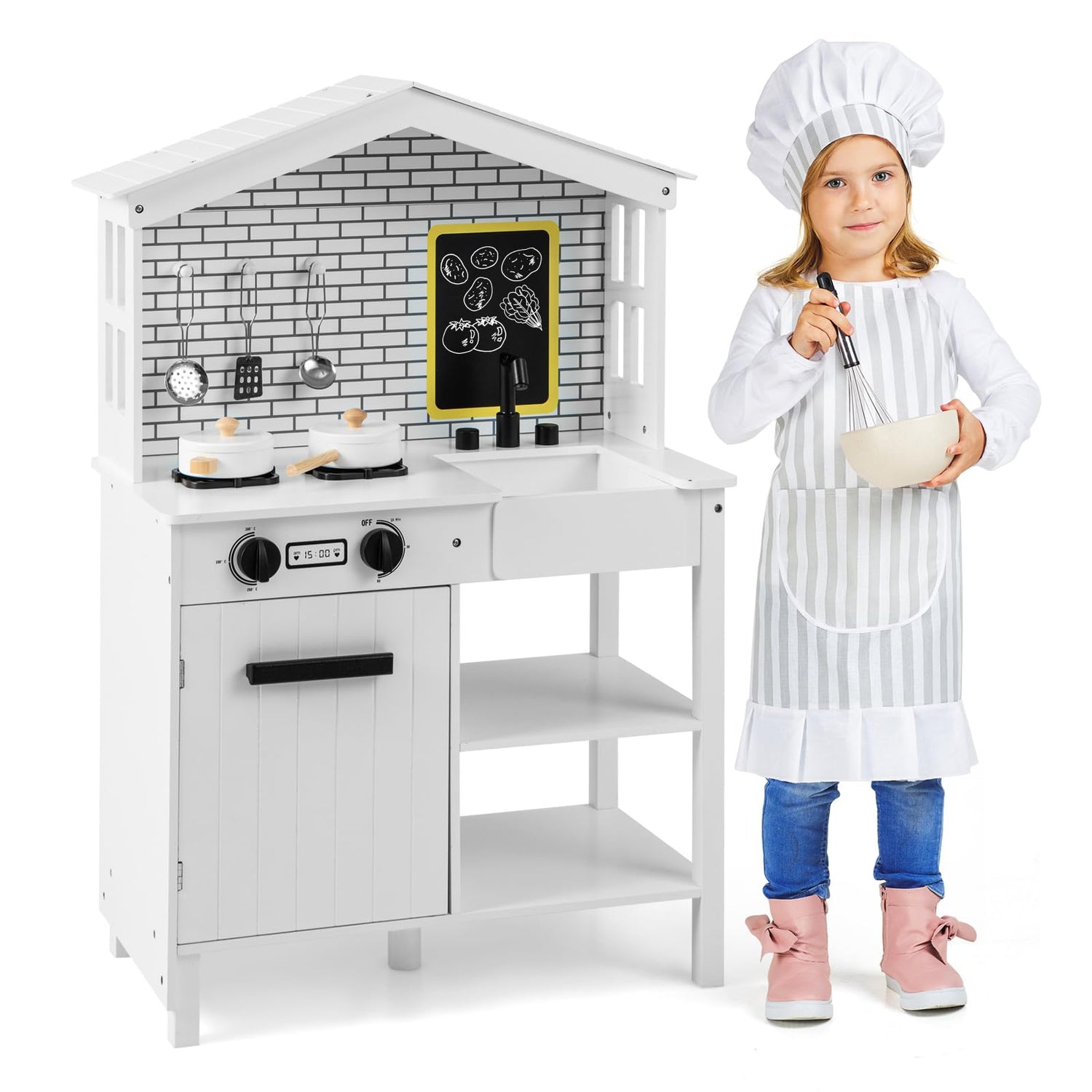 GYMAX Kids Play Kitchen, Children Pretend Kitchen Set with Stoves, Sink