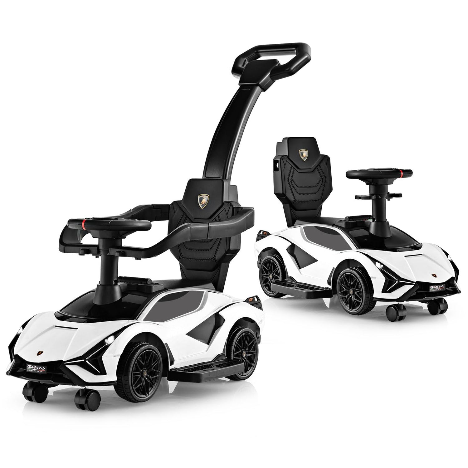 GYMAX 3 in 1 Kids Ride on Push Car, Licensed Lamborghini Push Along Car with Handle, Guardrails, USB Port, Music & Lights