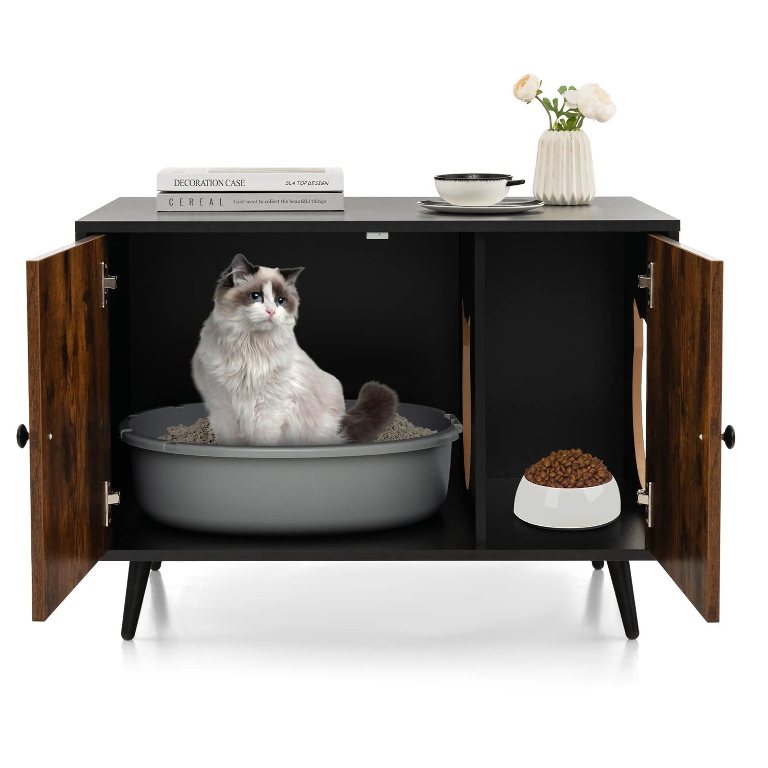 GYMAX Cat Litter Box Enclosure, Hidden Kitty Washroom Storage Cabinet Nightstand Side Table with 2 Doors & Divider(Rustic Brown, 80x50x57cm)