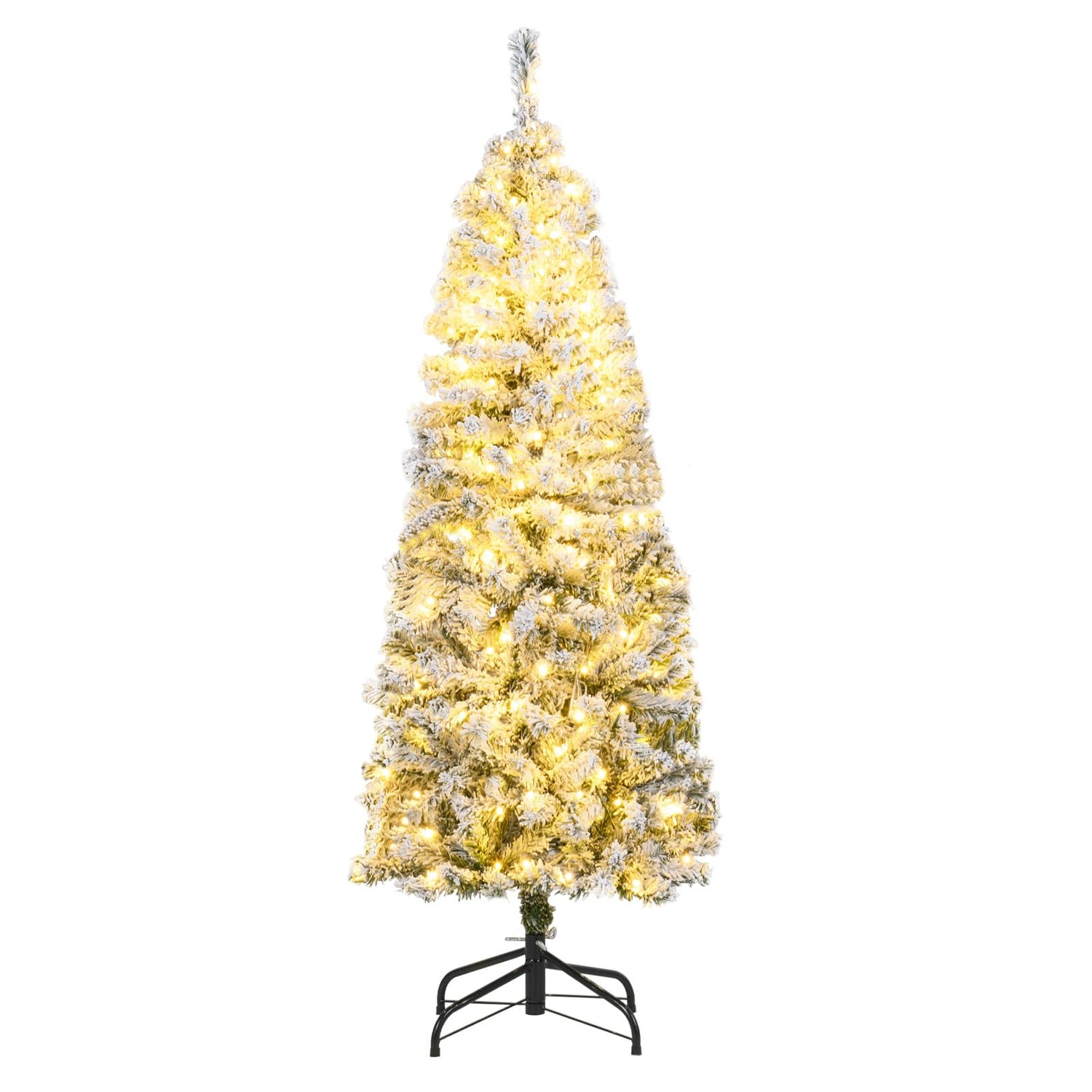5ft Pre-lit Snow Flocked Christmas Tree, Hinged Artificial Slim Pencil Xmas Tree with Lights