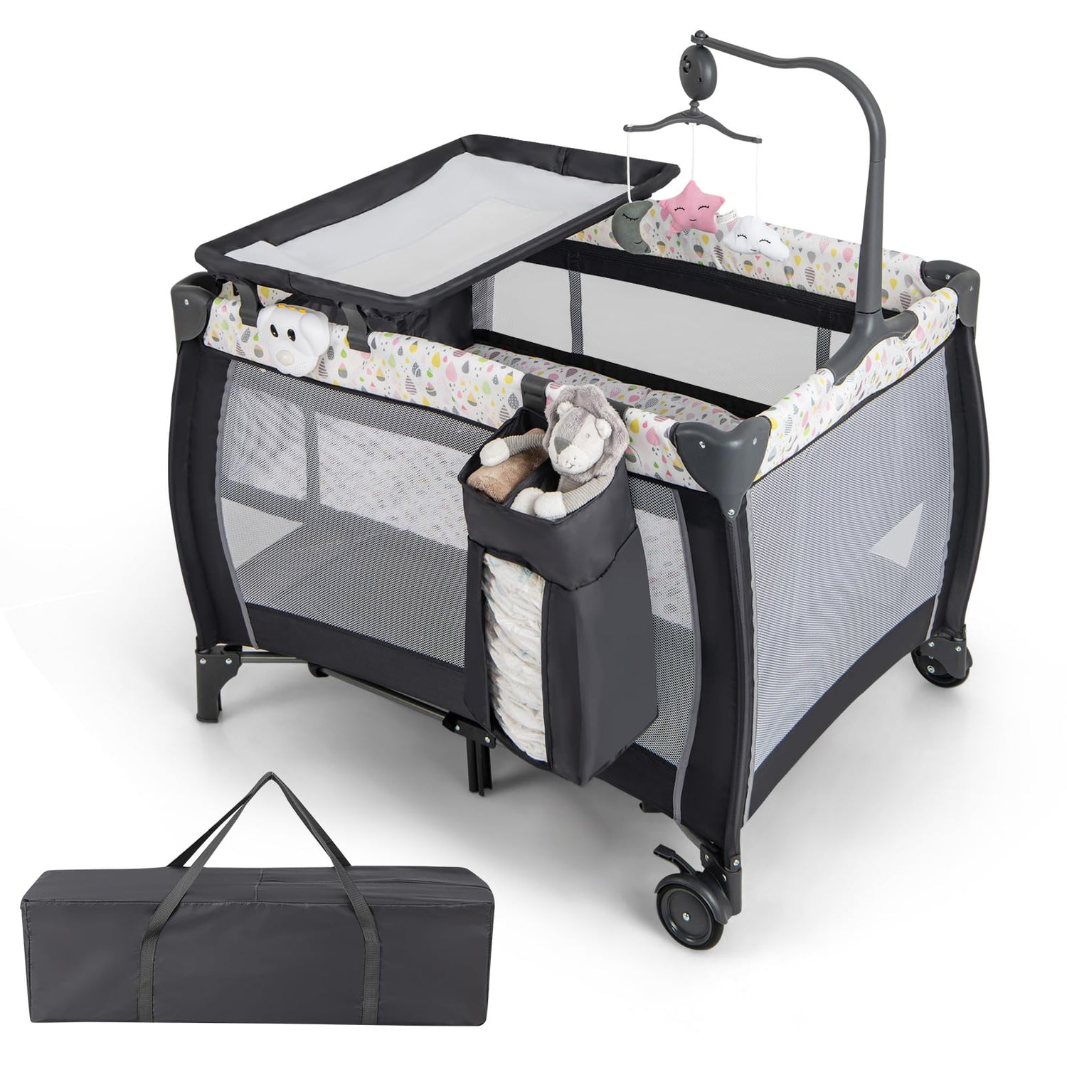 3 in 1 Portable Travel Cot, Folding Baby Bassinet and Activity Playpen with Changing Table