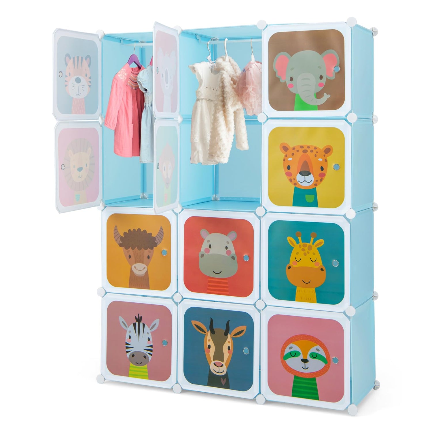 GYMAX Cartoon Clothes Closet, Portable Kids Wardrobe with Hanging Section( 12 Cubes Animal: 109 x 37 x 145cm)