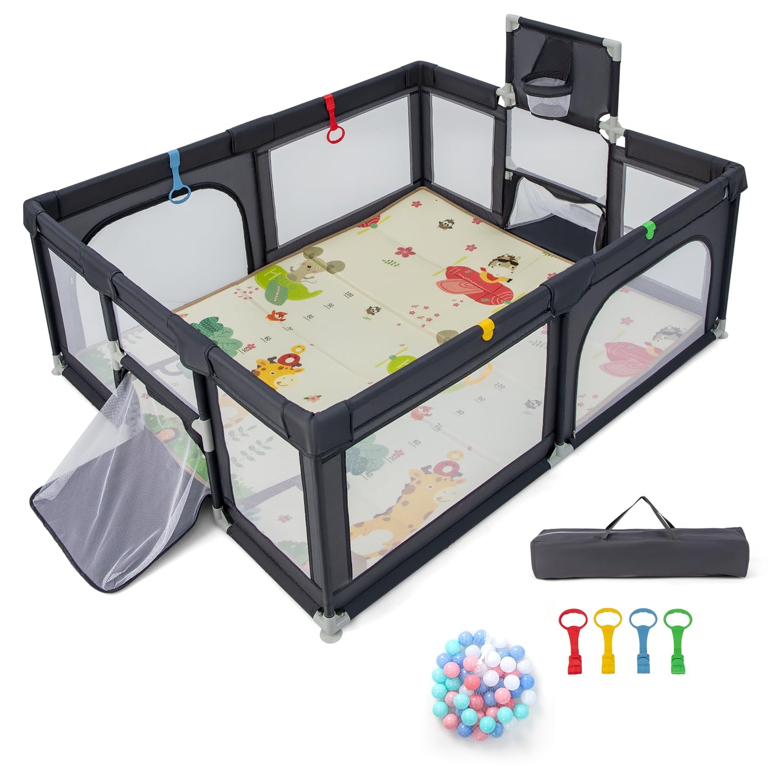GYMAX Large Toddler Fence Play Yard with 50 Ocean Balls