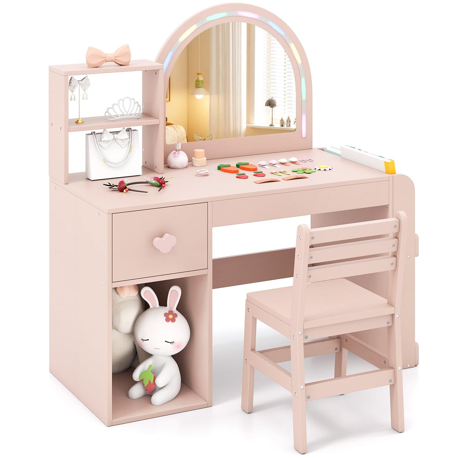 Kids Vanity Table and Chair Set, Children Study Desk with Lighted Mirror