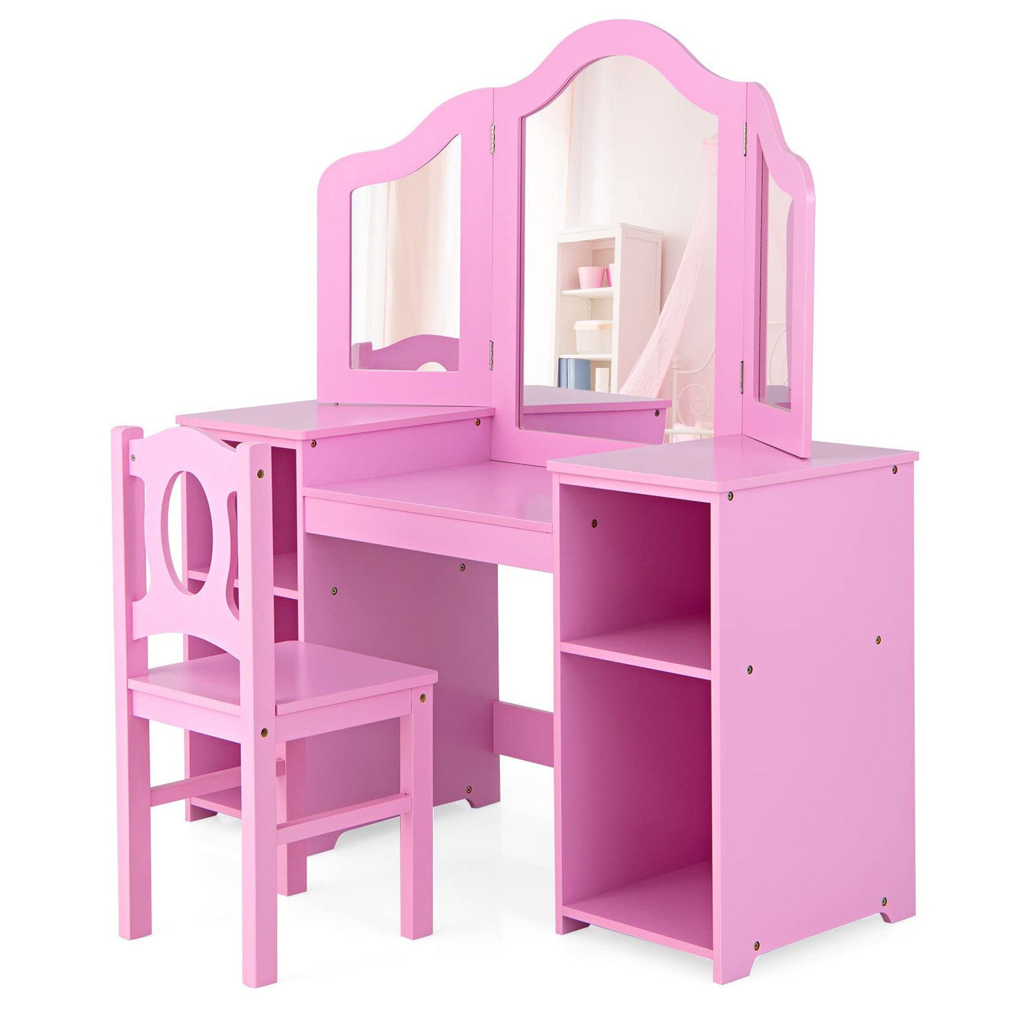 GYMAX Kids Dressing Table and Chair Set, 2 in 1 Children Vanity Table with Tri-Folding Mirror and Storage Shelf