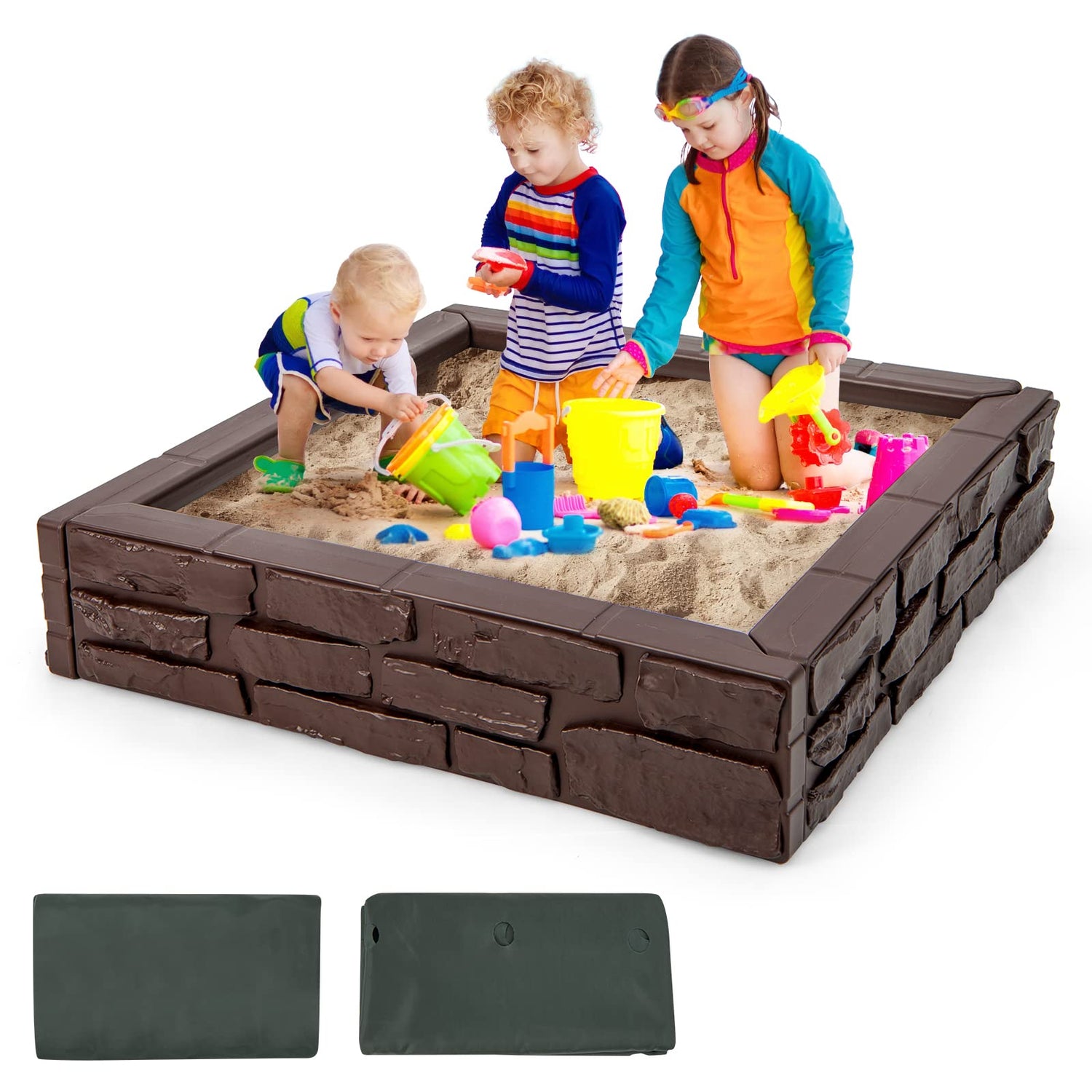 GYMAX Garden Sandpit with Cover and Bottom Liner