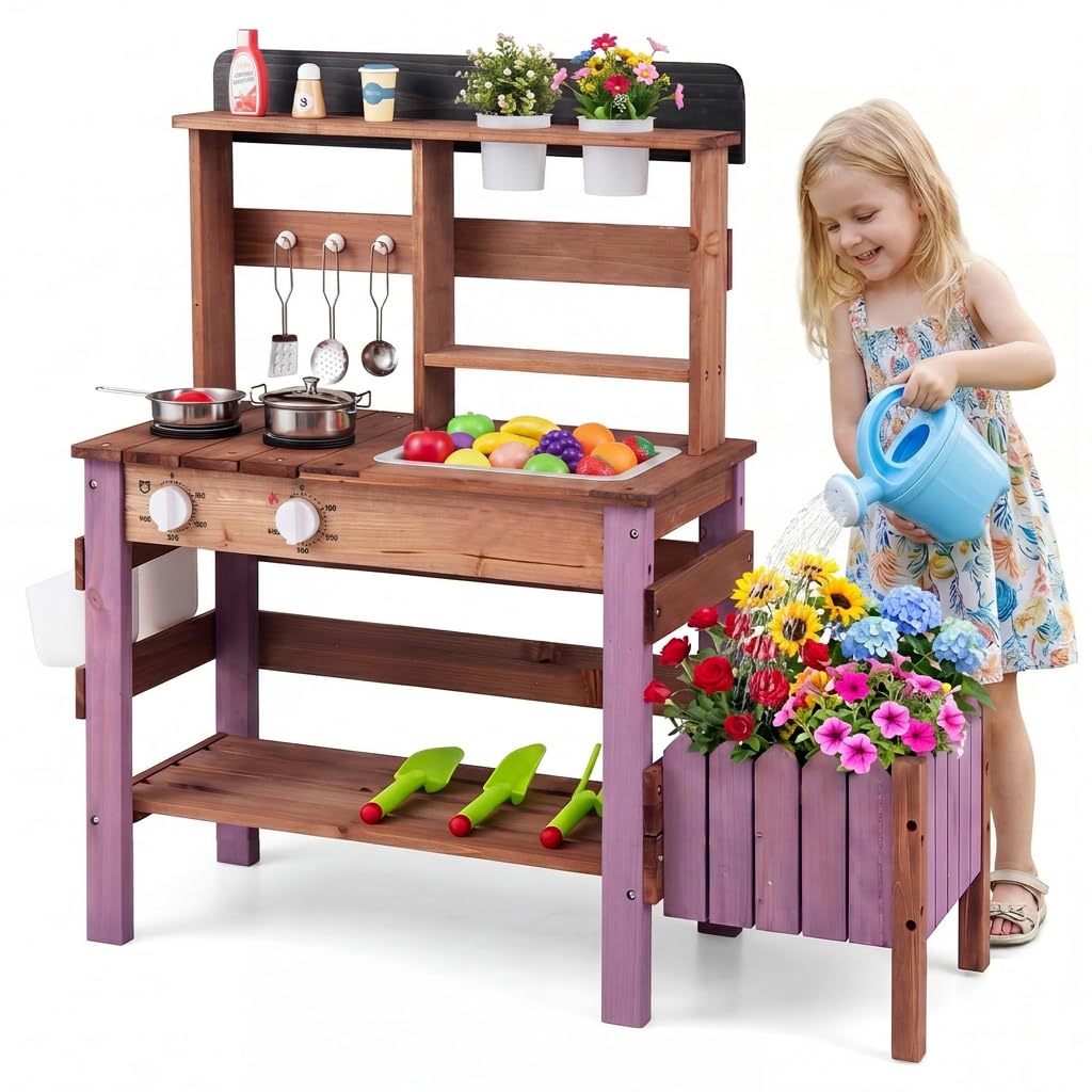 Kids Mud Kitchen, Garden Potting Bench with 2 Planting Pots, 2 Storage Bins, 2 Trowels, 1 Rake