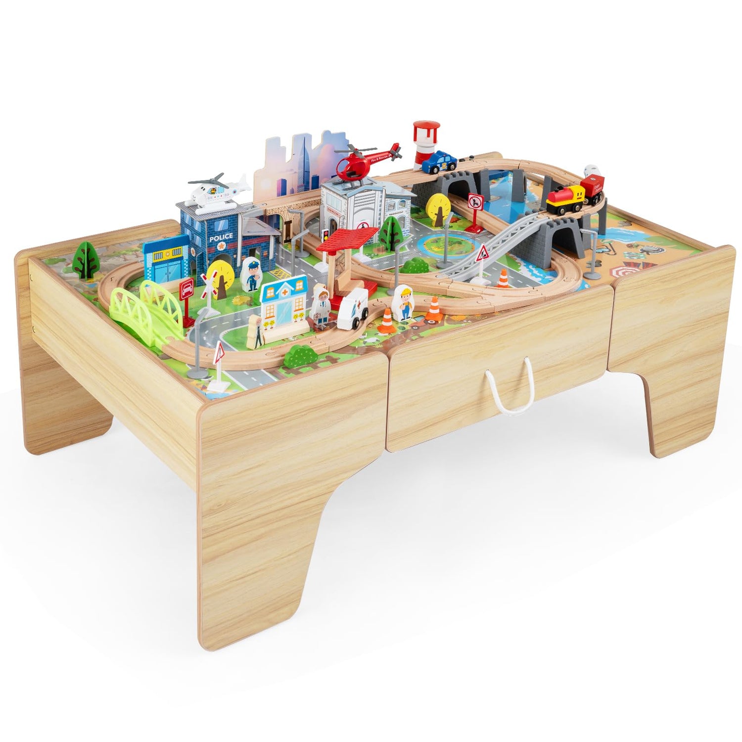 Wooden Train Track Set, 3-in-1 Kids Activity Table