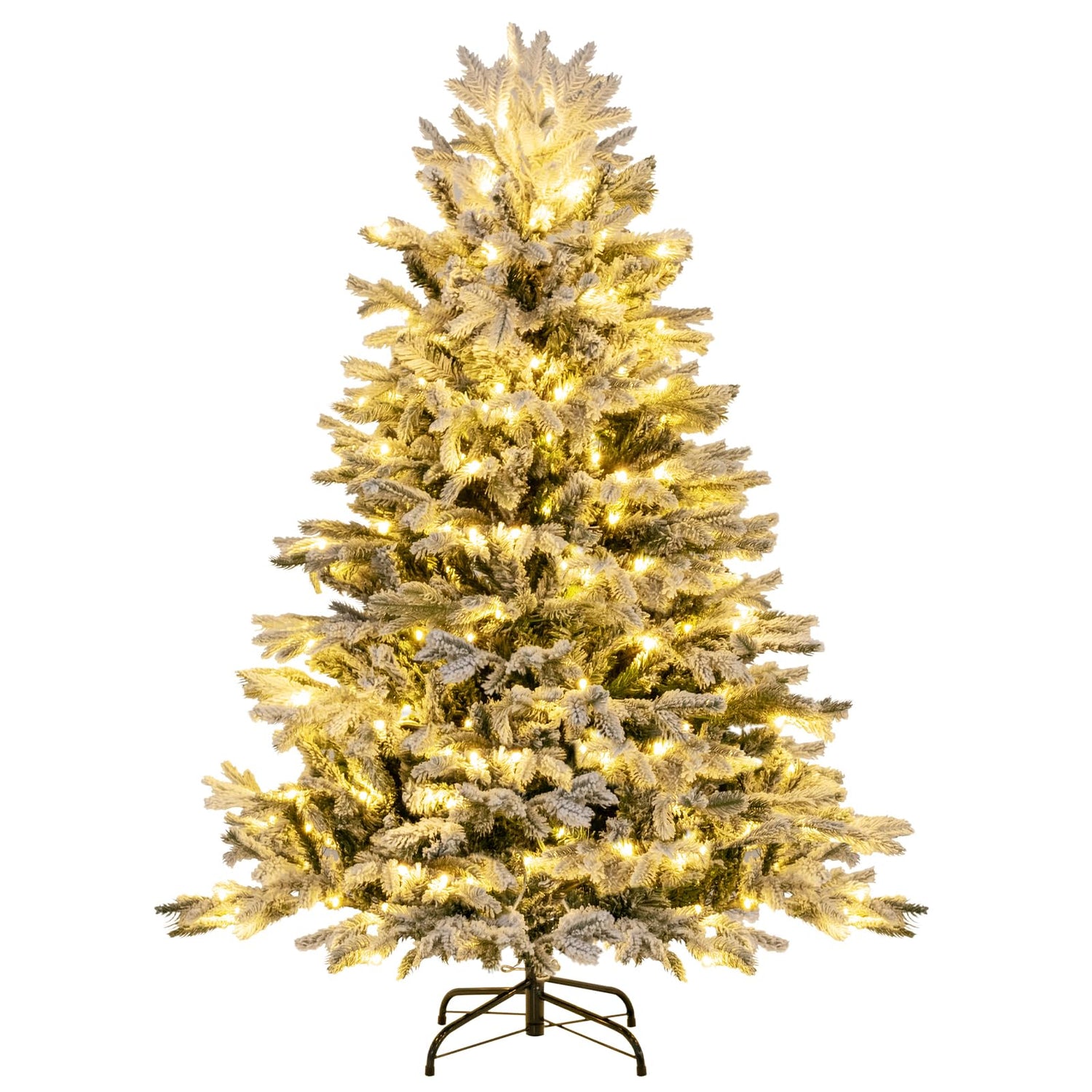 GYMAX 4.5FT/6FT Pre-lit Artificial Christmas Tree, Snow-flocked Hinged Xmas Tree with 200/350 Warm White LED Lights and 688/1022 Branch Tips