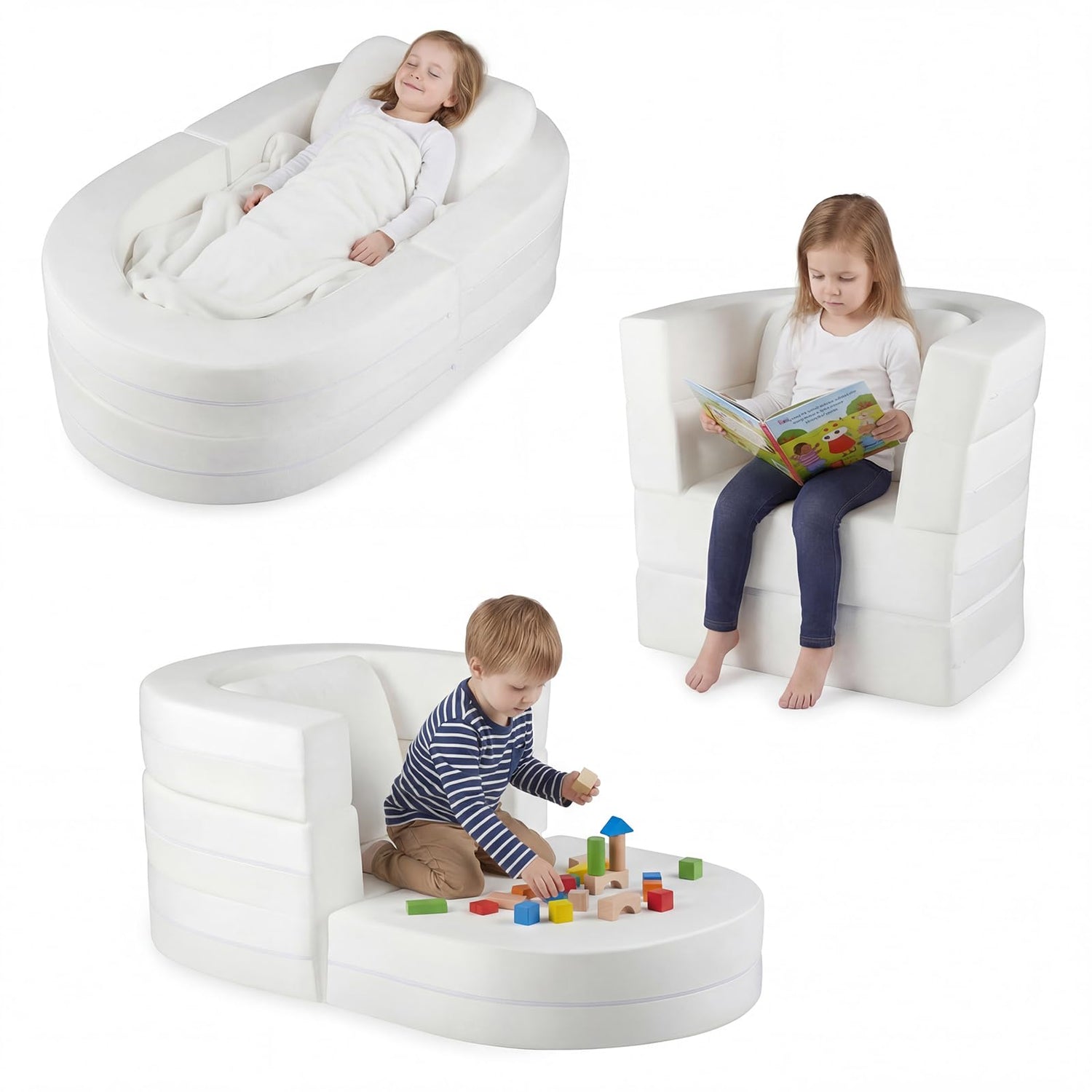 Kids Sofa Bed, 3-in-1 Convertible Modular Toddler Play Couch Lounger