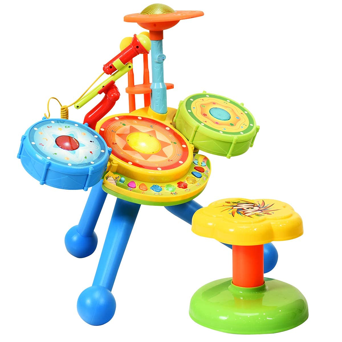 GYMAX Toy Drum Set, Volume Adjustable Musical Percussion Instrument with Stool and Microphone