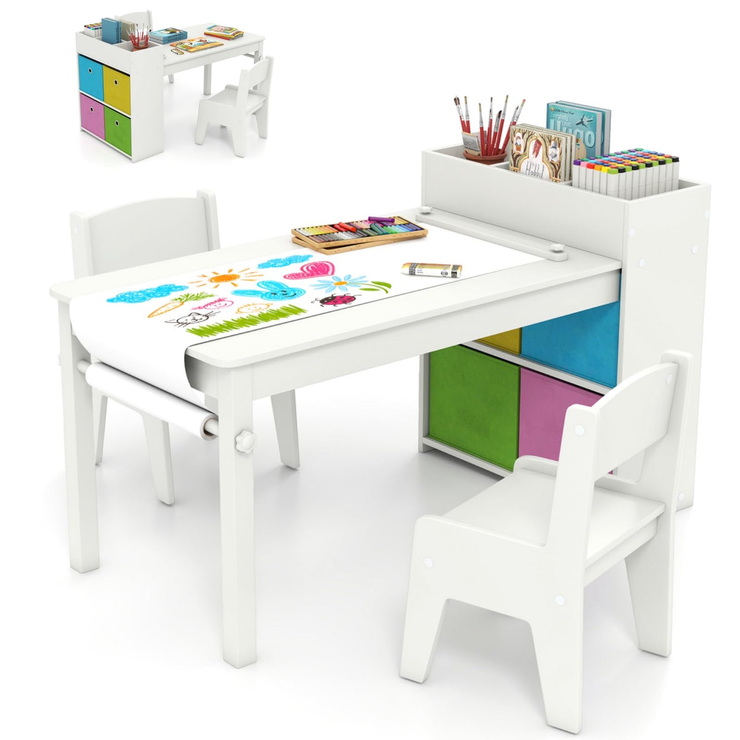 Kids Art Table and Chairs Set with Paper Roll and Storage Shelves