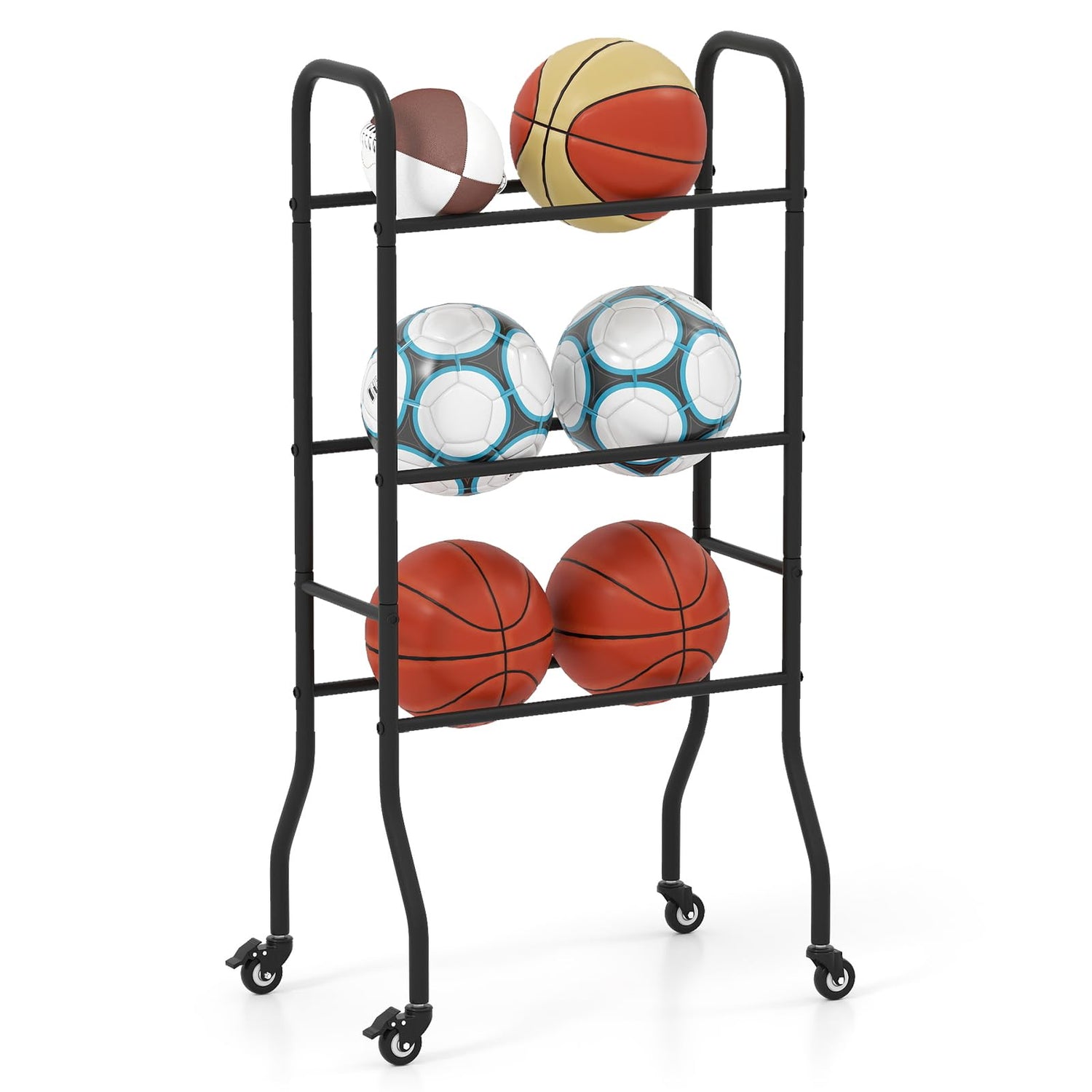 3-Tier Basketball Rack with 4 Universal Wheels and Metal Frame