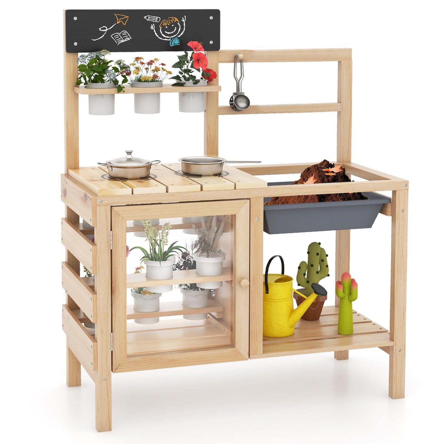 GYMAX Kids Mud Kitchen, Children Potting Bench Table with 12 Plant Cups