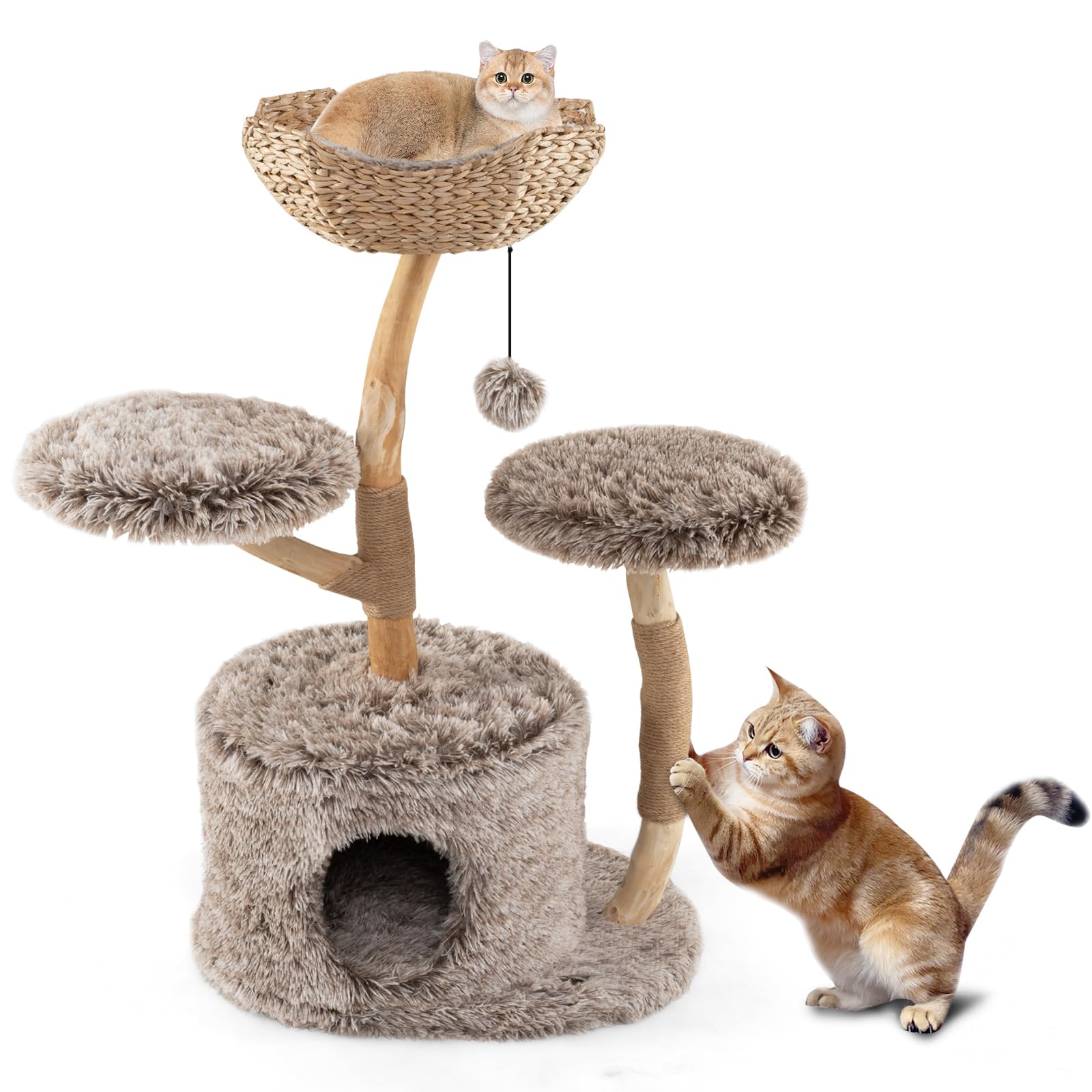 Multi-level Wood Cat Tree Tower Kitten Activity Center with Solid Trun ...