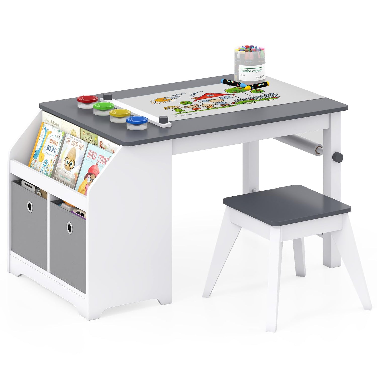 Children Activity Furniture with Storage Shelves, 2 Fabric Bins, Paper Roll