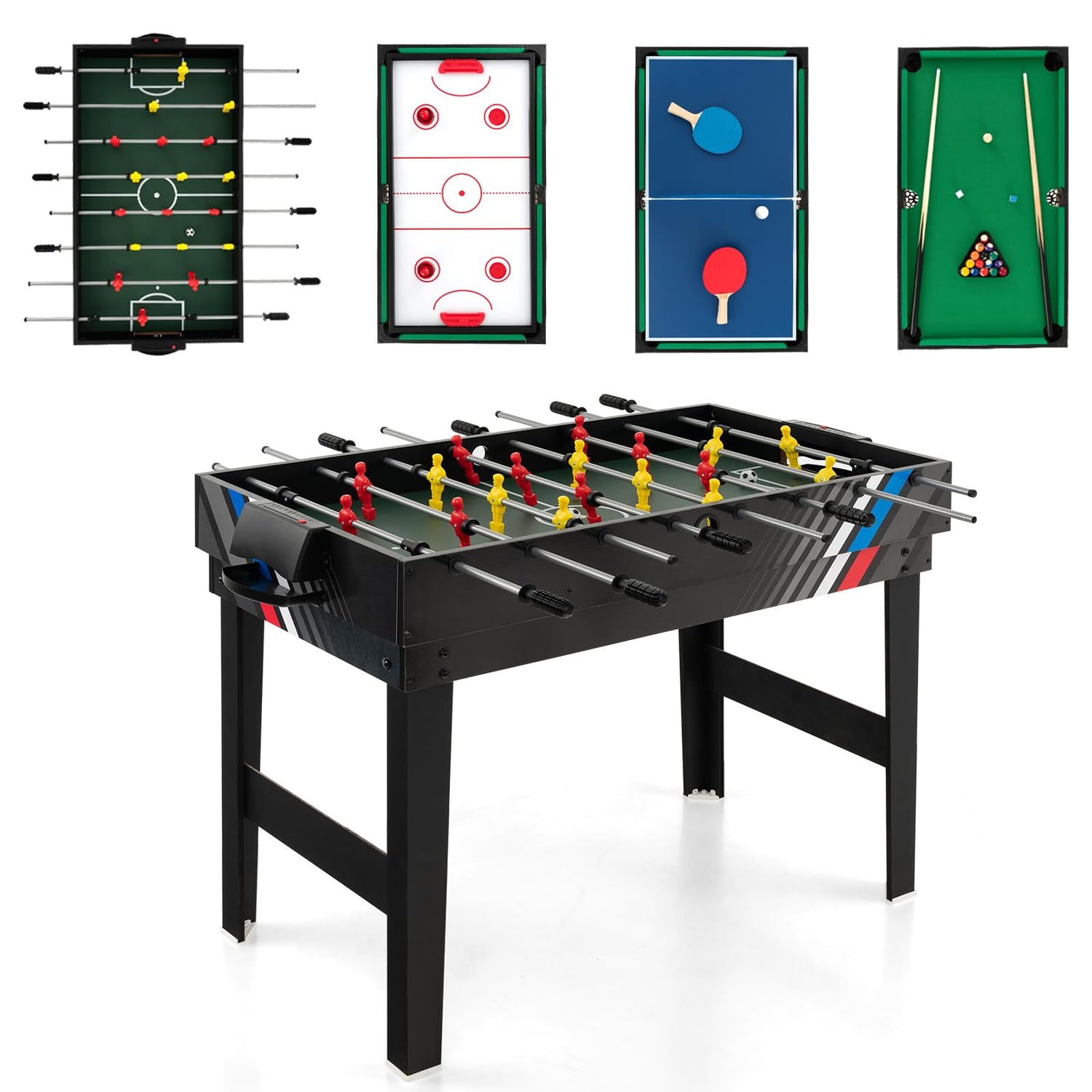 GYMAX 4 in 1 Multi Game Table, Combo Games Table Set with Foosball, Hockey, Billiard and Table Tennis, 125 x 97 x 83cm