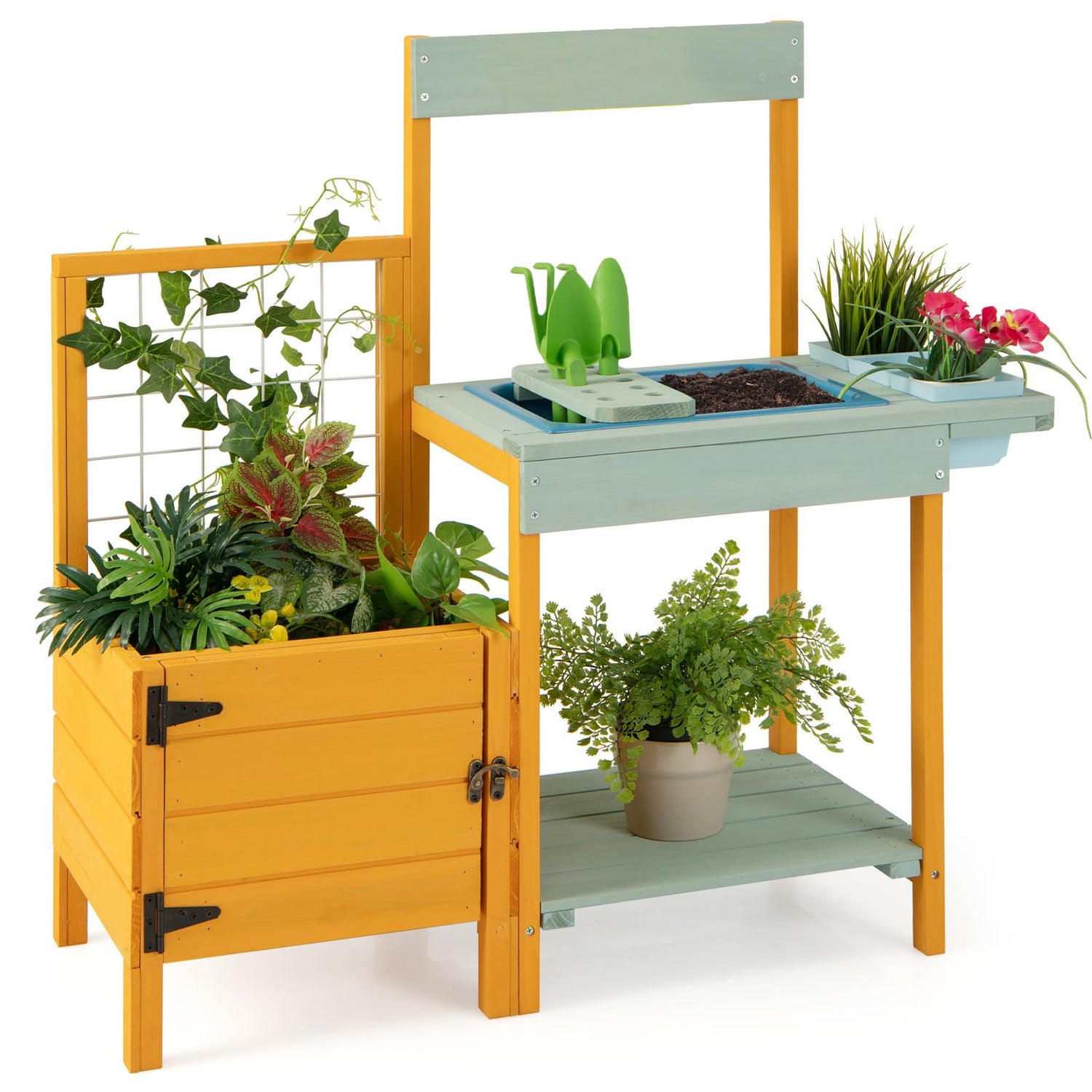 GYMAX Kids Potting Bench Table, Outdoor Toy Gardening Center with Planter Box