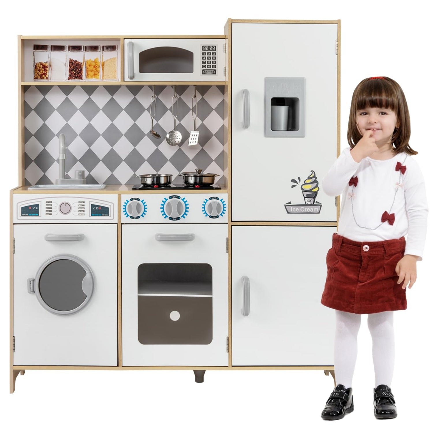 Pretend Play Kitchen with Ice Maker and Cooking Stove for Kids