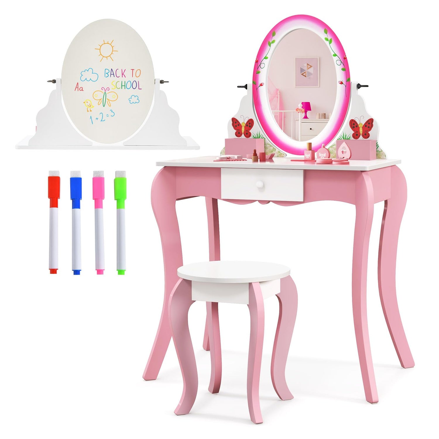 GYMAX Kids Vanity Table and Stool Set, Children Dressing Desk with 360°Rotatable Mirror/Whiteboard