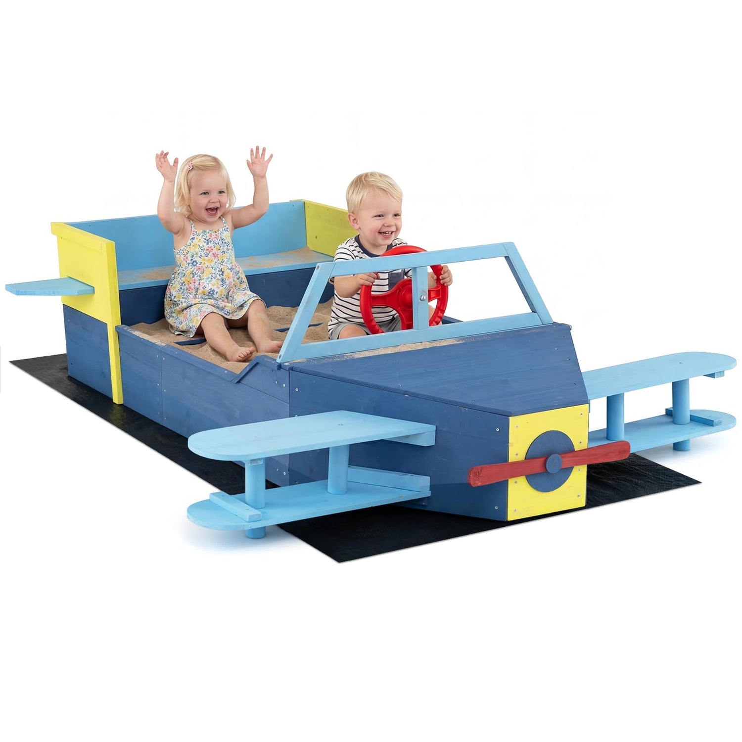 Wooden Kids Sandpit, Glider-Shape Sand Box with Bench Seat, Propeller, Rotatable Rudder, Side Wings