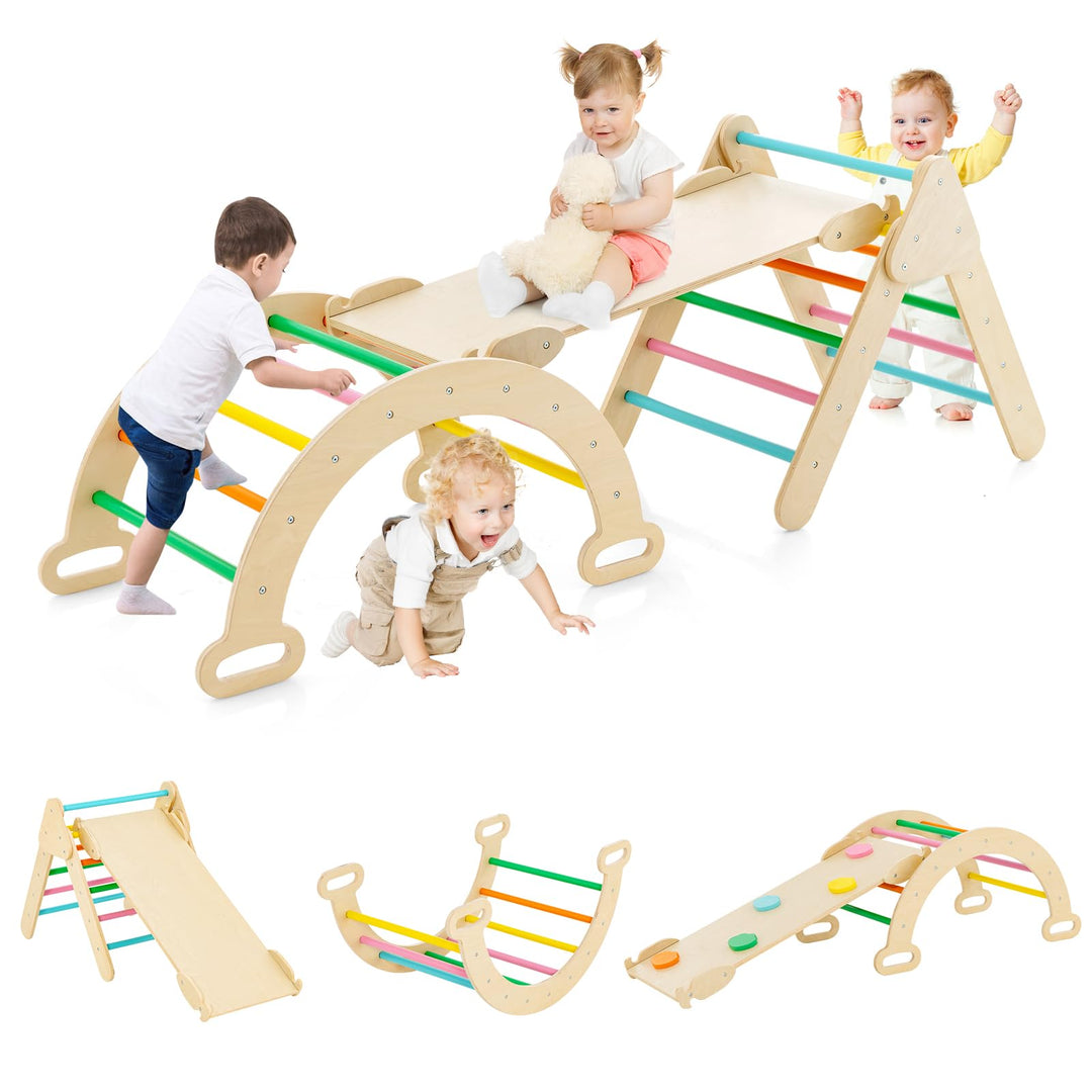 GYMAX 3 in 1 Kids Climbing Set, Wooden Toddler Climber with Reversible Ramp and Arch