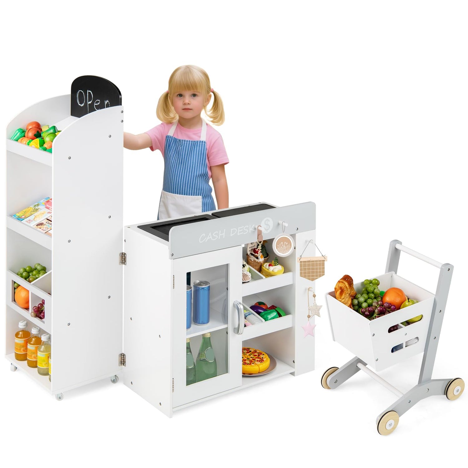 Kids Grocery Store Playset Convertible with Shopping Cart and Movable Checkout Belt