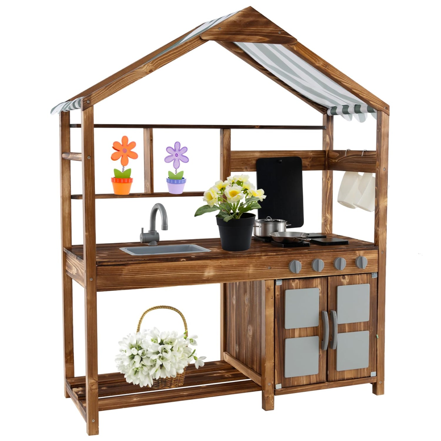 Outdoor Solid Wood Mud Kitchen with Canopy and Rotatable Faucet