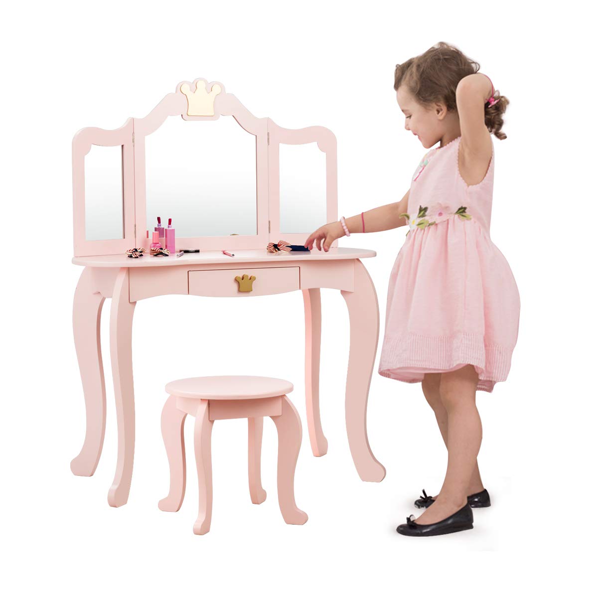 GYMAX Kids Dressing Table and Stool Set