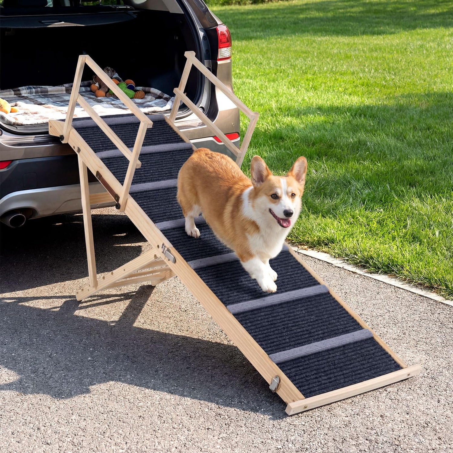 Foldable Dog Ramp with Non-slip Carpet and Removable Side Rails