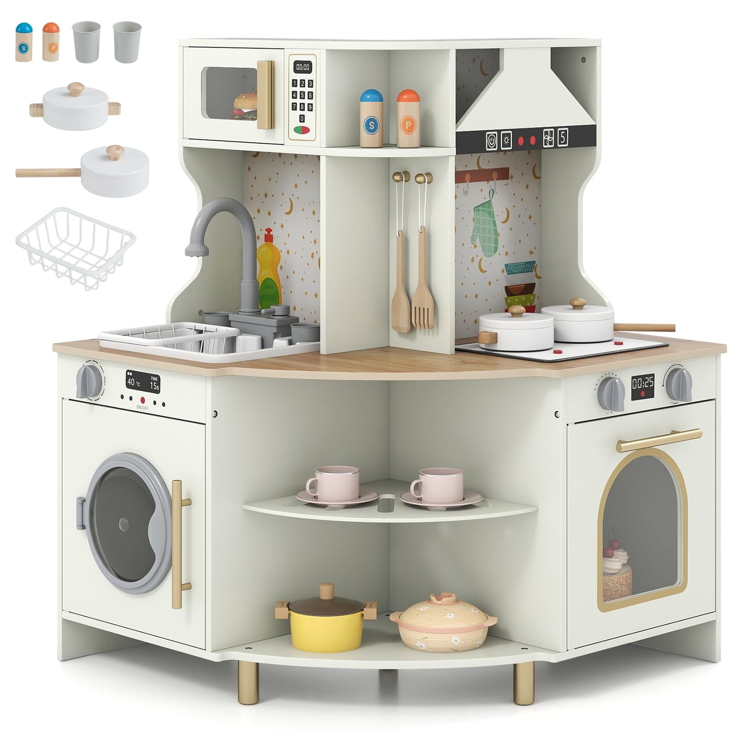 Wooden Corner Kitchen Playset with Working Faucet and Realist Sounds