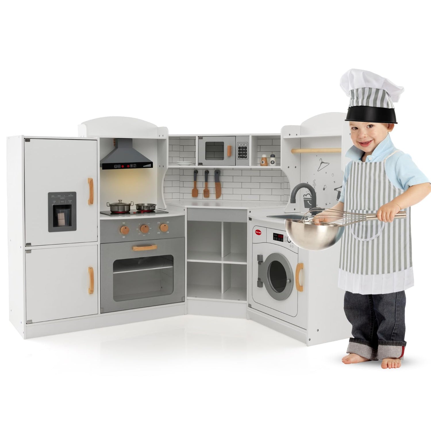GYMAX Kids Corner Kitchen, Wooden Toy Kitchen with Microwave
