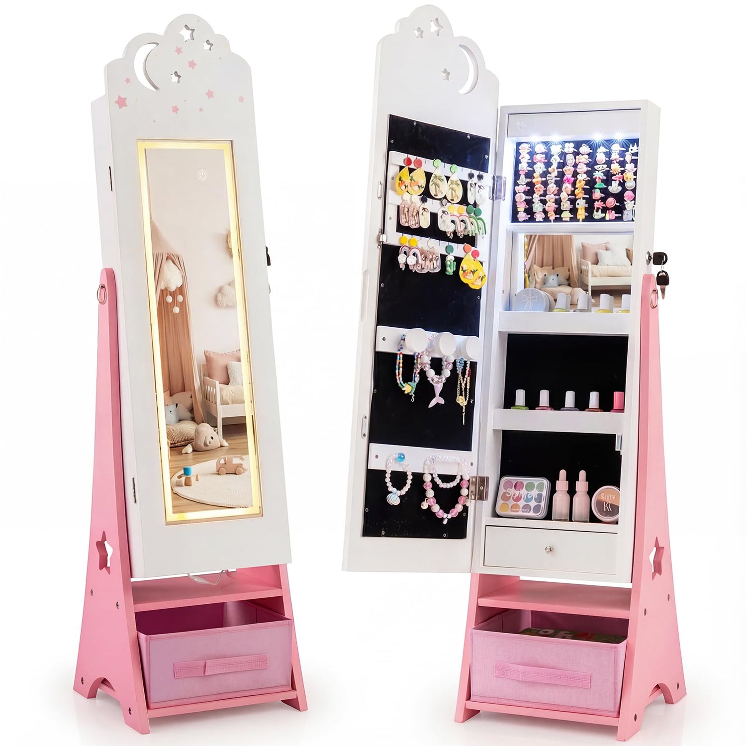 Kids Jewelry Cabinet with Sensor Lights and Full-Length Mirror