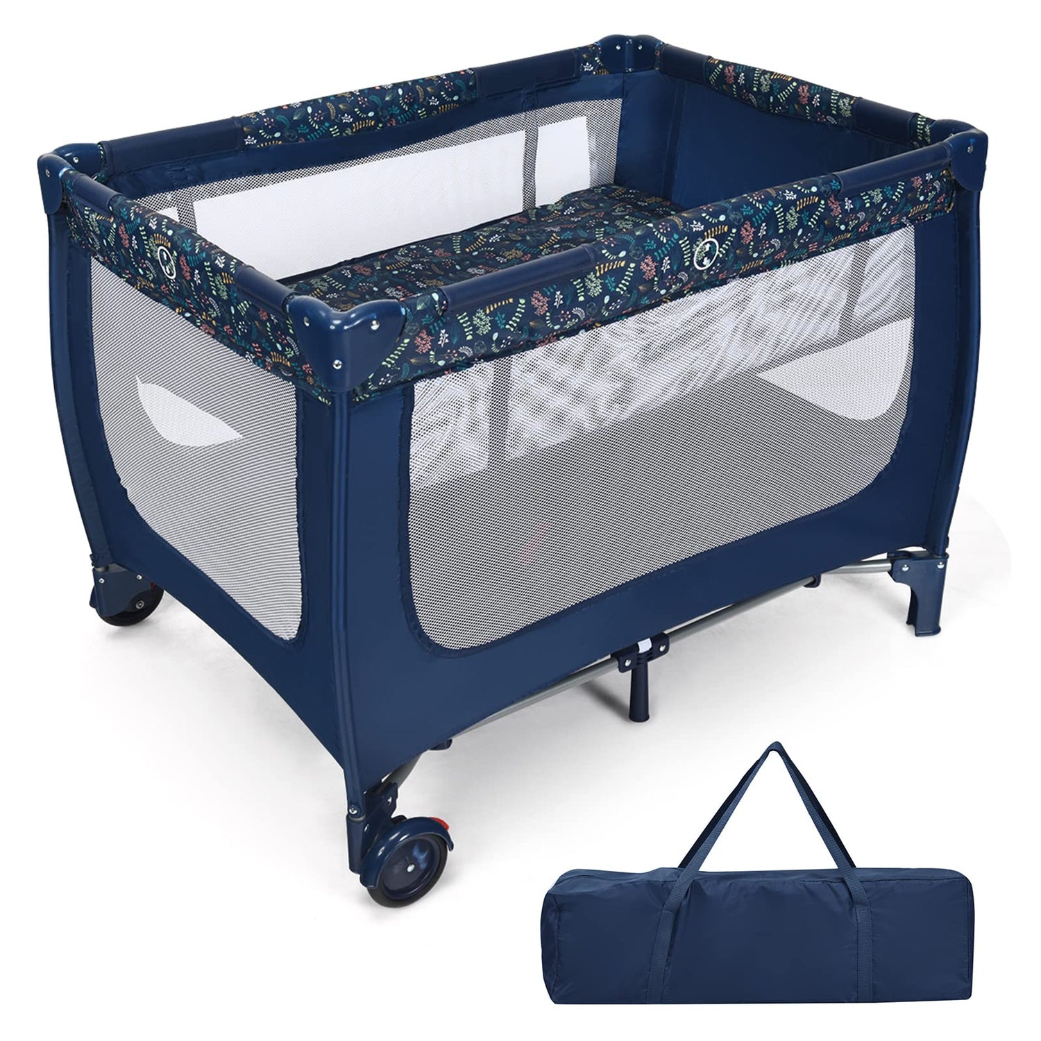 2-in-1 Foldable Baby Playpen with Lockable Wheels and Mattress