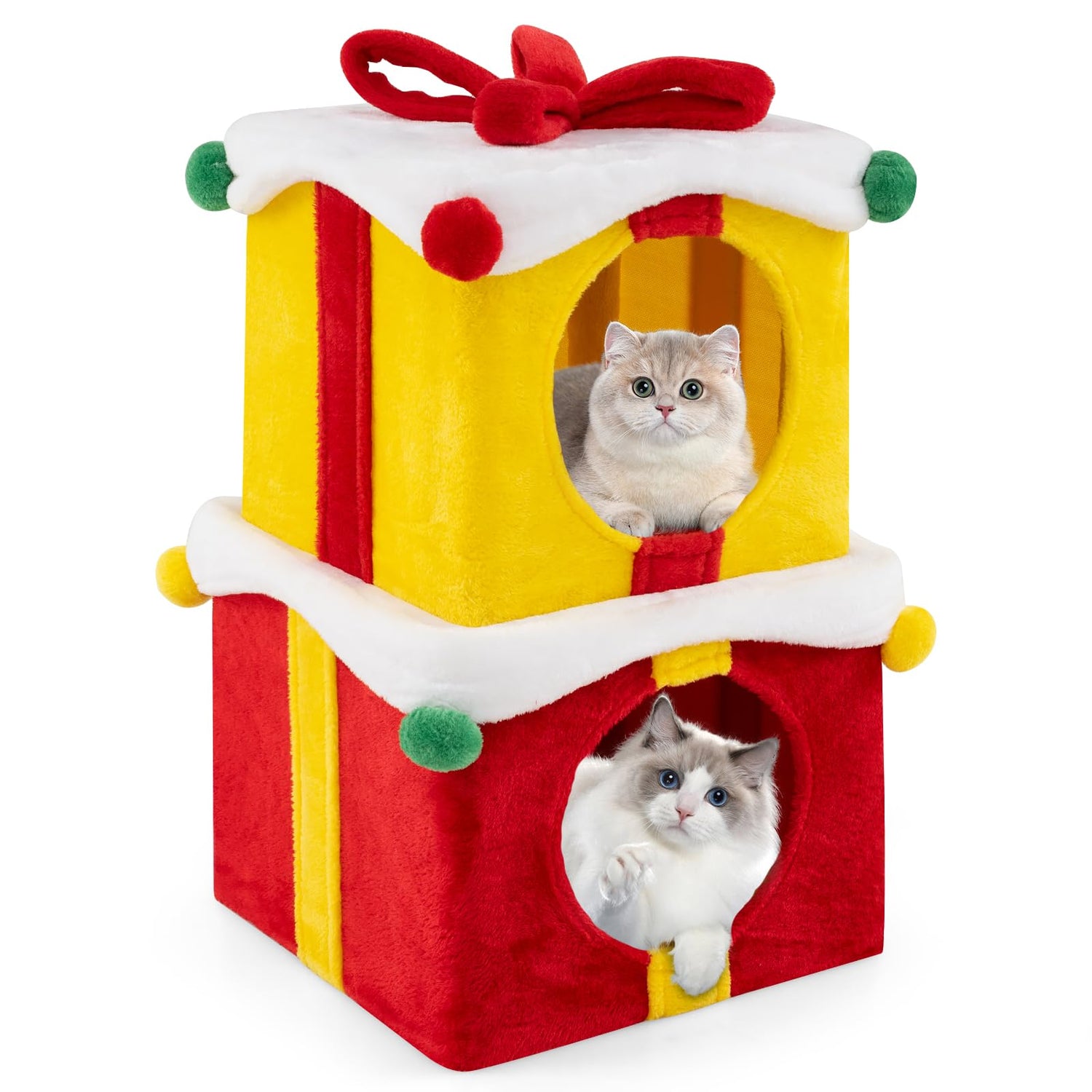 Indoor 2-Storey Cute Christmas Cat House with Bow