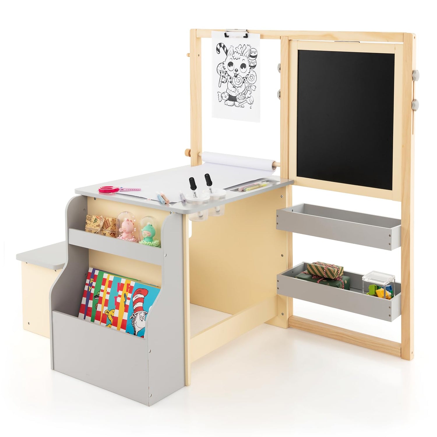 Kids Art Easel Table and Bench Set with Adjustable Easel and Bookshelf