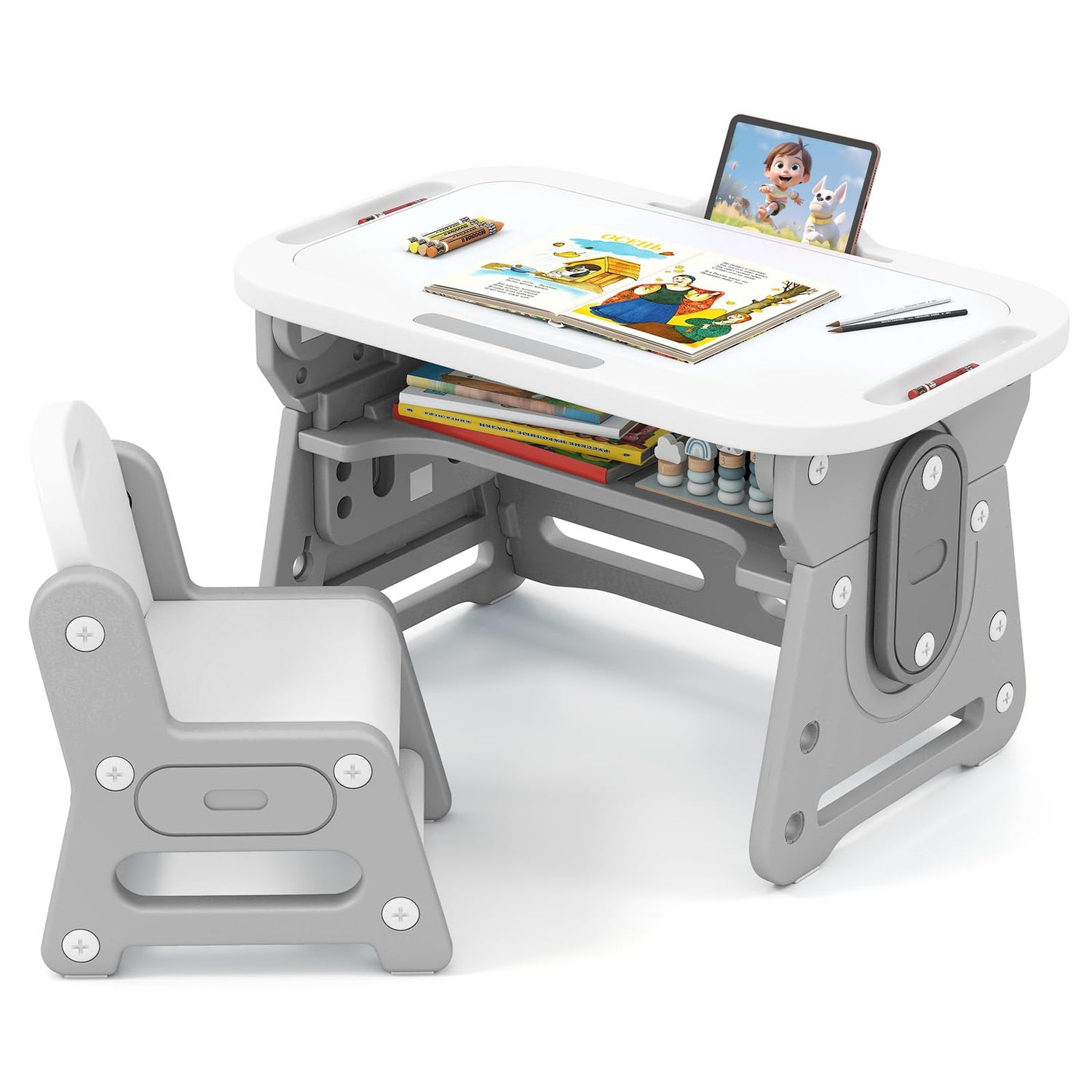 Kids Table and Chair Set with Tiltable Whiteboard and Book Stand