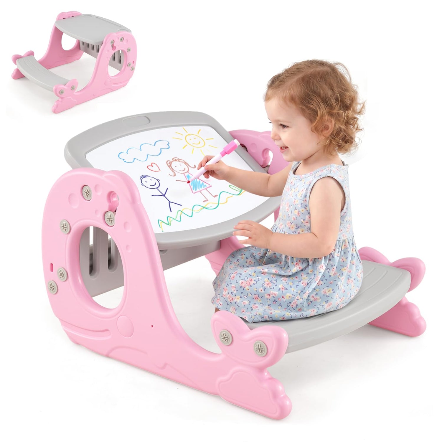 Toddler Table and Chair, Kids Art Table with Angle-Adjustable Whiteboard