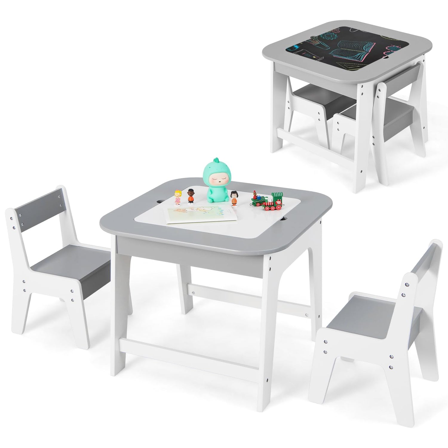 GYMAX Kids Table and Chair Set, Children Activity Desk with Removable Blackboard/Whiteboard Tabletop & Hidden Storage Space (Grey+White)