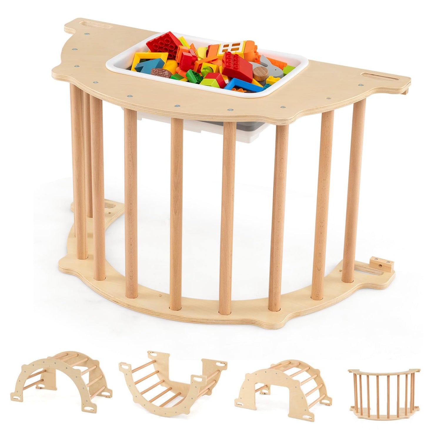 Kids Climbing Arch Sensory Table with Removable Collapsible Storage Bin and Rocker Board