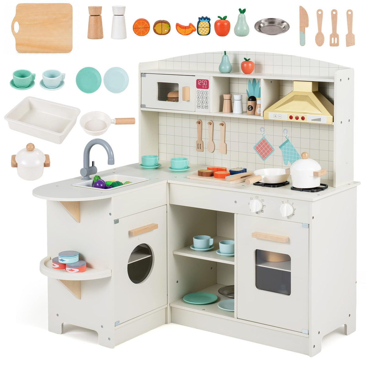 Kids Corner Play Kitchen, Wooden Toy Kitchen with Stoves, Lights