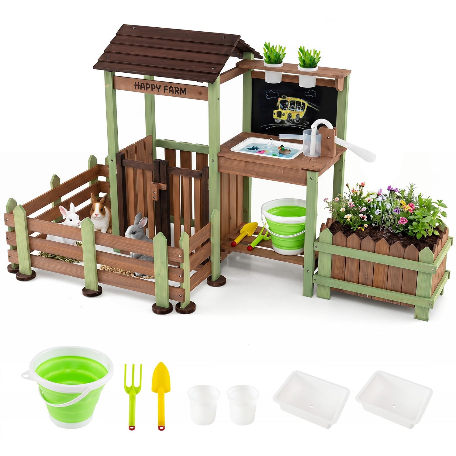 Fir Wood Barnyard Pretend Toy with Raised Planter Box