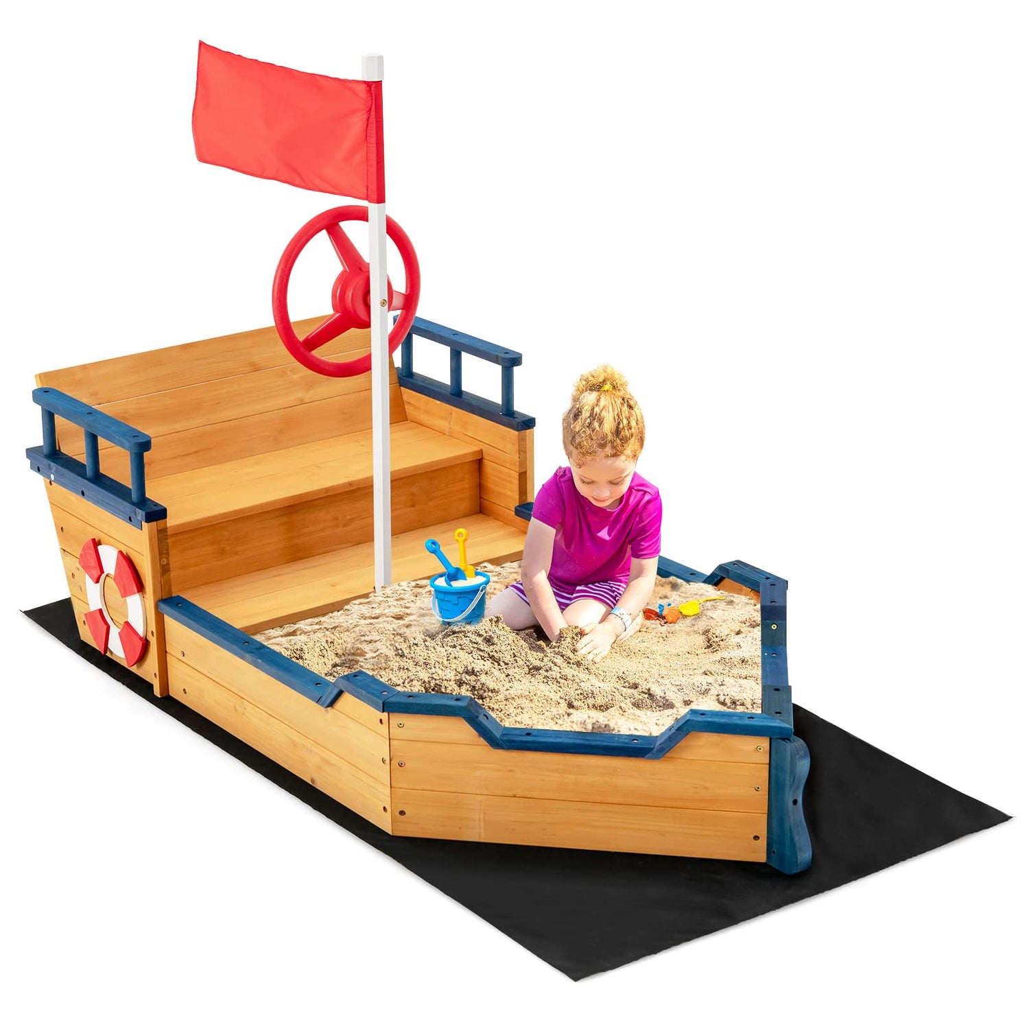GYMAX Kids Wooden Sandbox, Pirate Ship Sandpit with Bench Seats, Hidden Storage, Flag