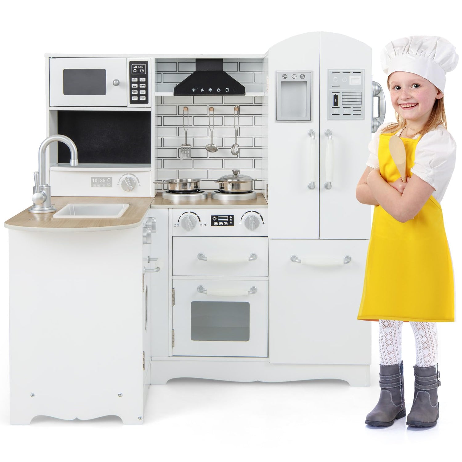 GYMAX Kids Corner Kitchen, Wooden Toy Kitchen with Sink(11 in 1)