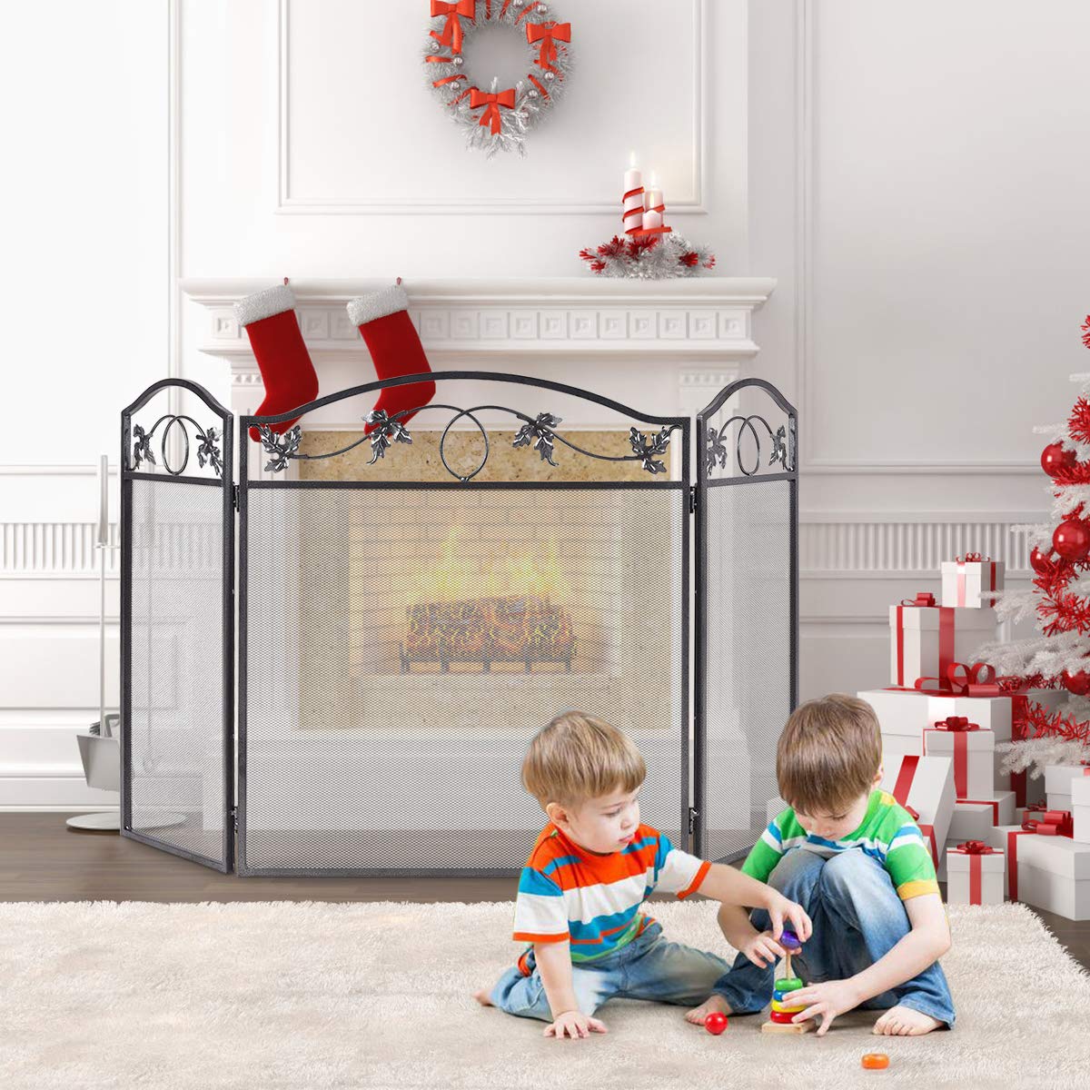 GYMAX 3 Panel Foldable Fire Screen Protector