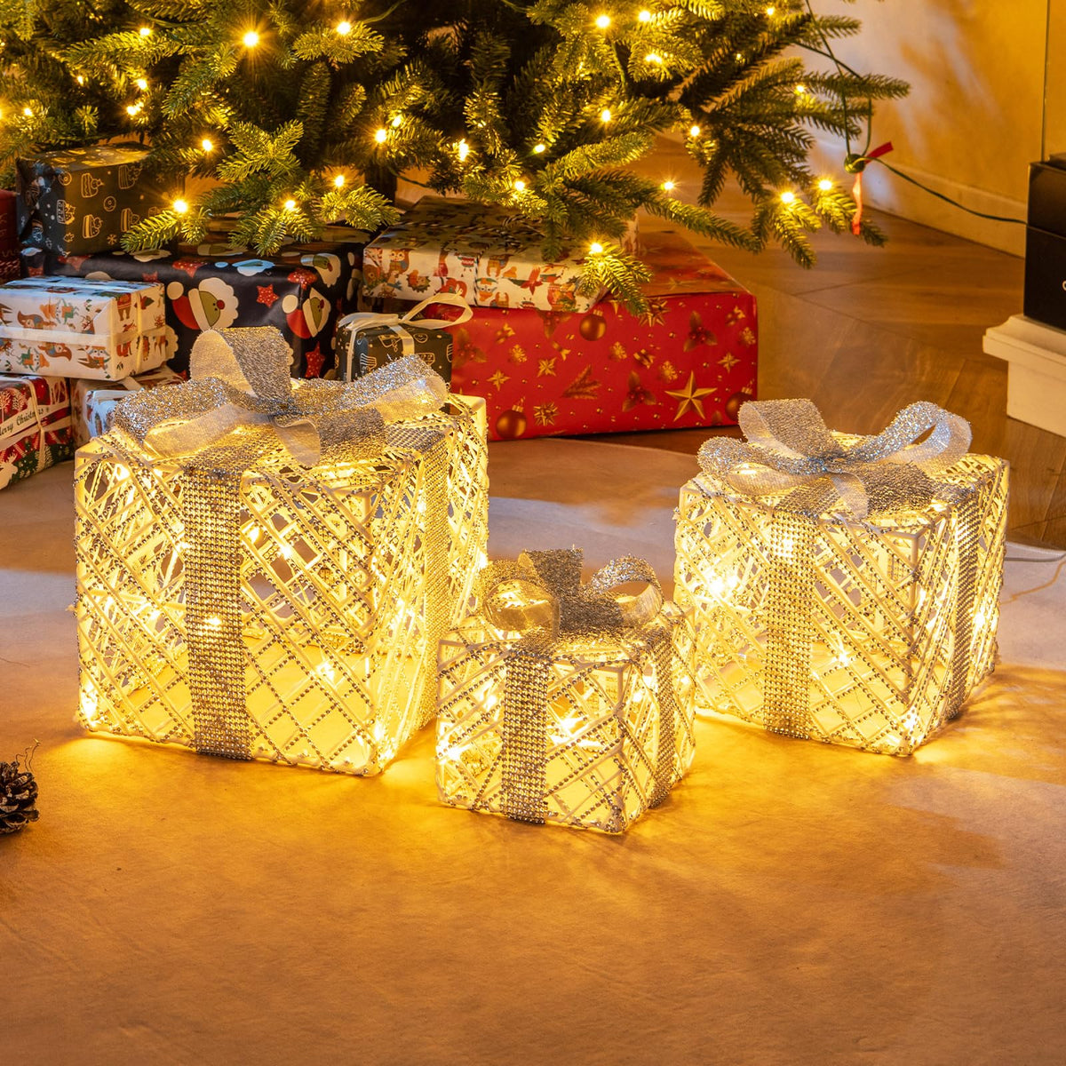 Set of 3 Christmas Lighted Gift Boxes with Bows and Ground Stakes