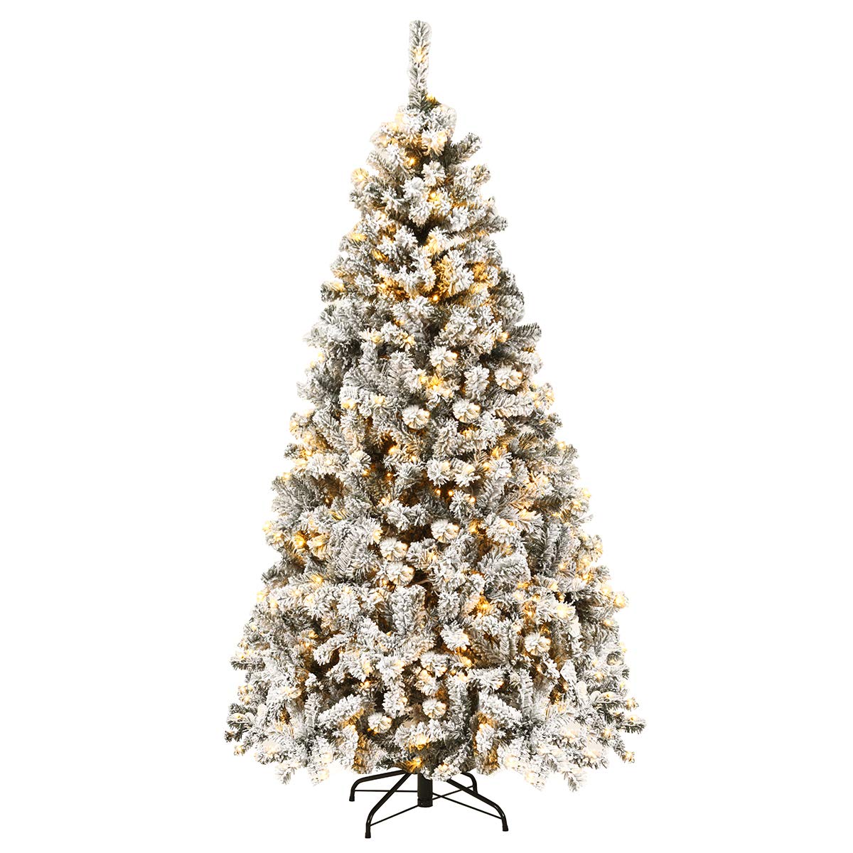 Pre-Lit Flocked Snow Hinged Pine Tree with Solid Metal Stand