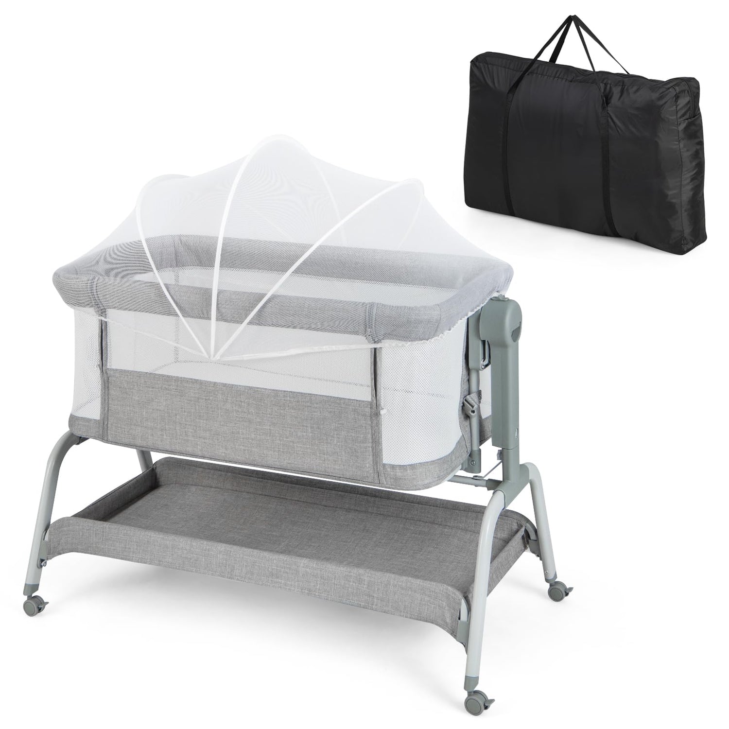 GYMAX Baby Beside Crib, 4-in-1 Infant Bassinet with Detachable Net, Soft Mattress, Storage Basket and Wheels