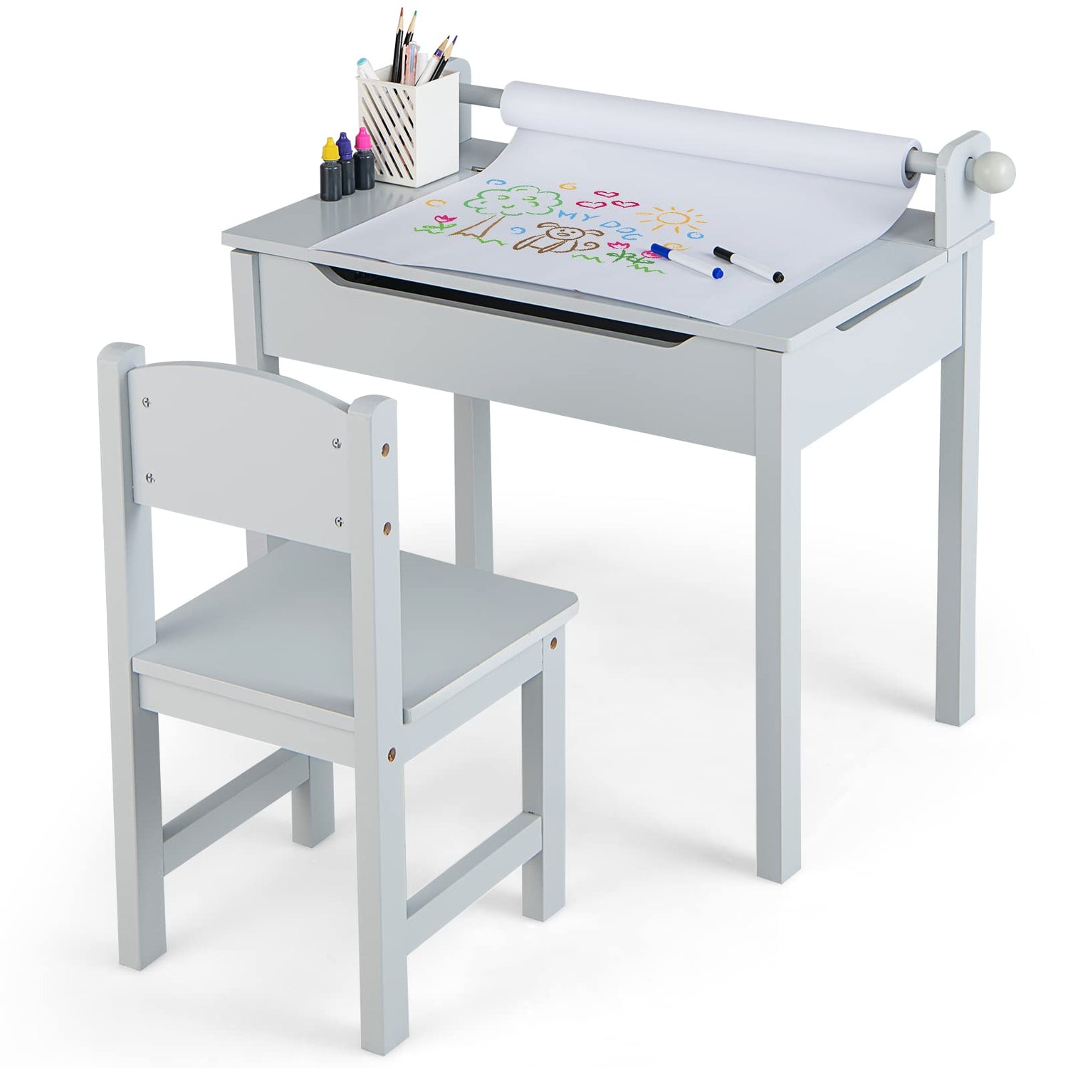 GYMAX Kids Desk and Chair Set, Wooden Children Art Table with Storage Space, Paper Roll and Markers