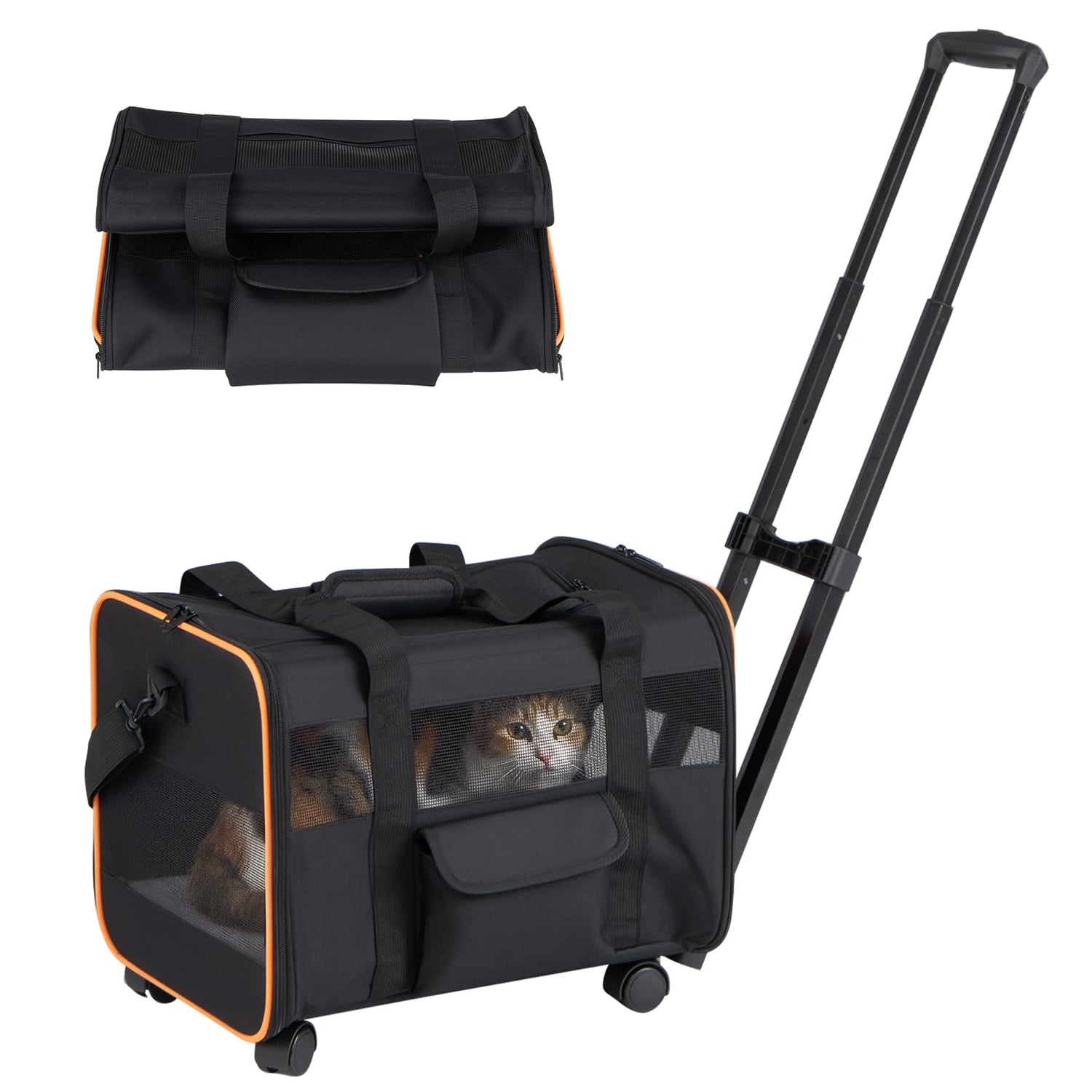 Pet Carrier with Wheels, Foldable Pet Carrier with Telescopic Handle, Shoulder Strap, Washable Pad, Safety Leash